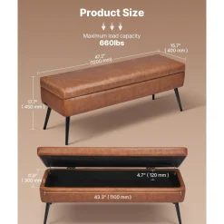 VEVOR Leather Storage Ottoman Bench, PU Leather Bench with Storage and Metal Legs, Modern Shoe Benches Seat for Entryway, Upholstered End of Bed Benches for Living Room, Dining Room, Hallway, Black