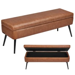 VEVOR Leather Storage Ottoman Bench, PU Leather Bench with Storage and Metal Legs, Upholstered Shoe Benches Seat for Entryway, Modern End of Bed Benches for Living Room, Dining Room, Hallway, Brown