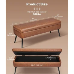 VEVOR Leather Storage Ottoman Bench, PU Leather Bench with Storage and Metal Legs, Upholstered Shoe Benches Seat for Entryway, Modern End of Bed Benches for Living Room, Dining Room, Hallway, Brown