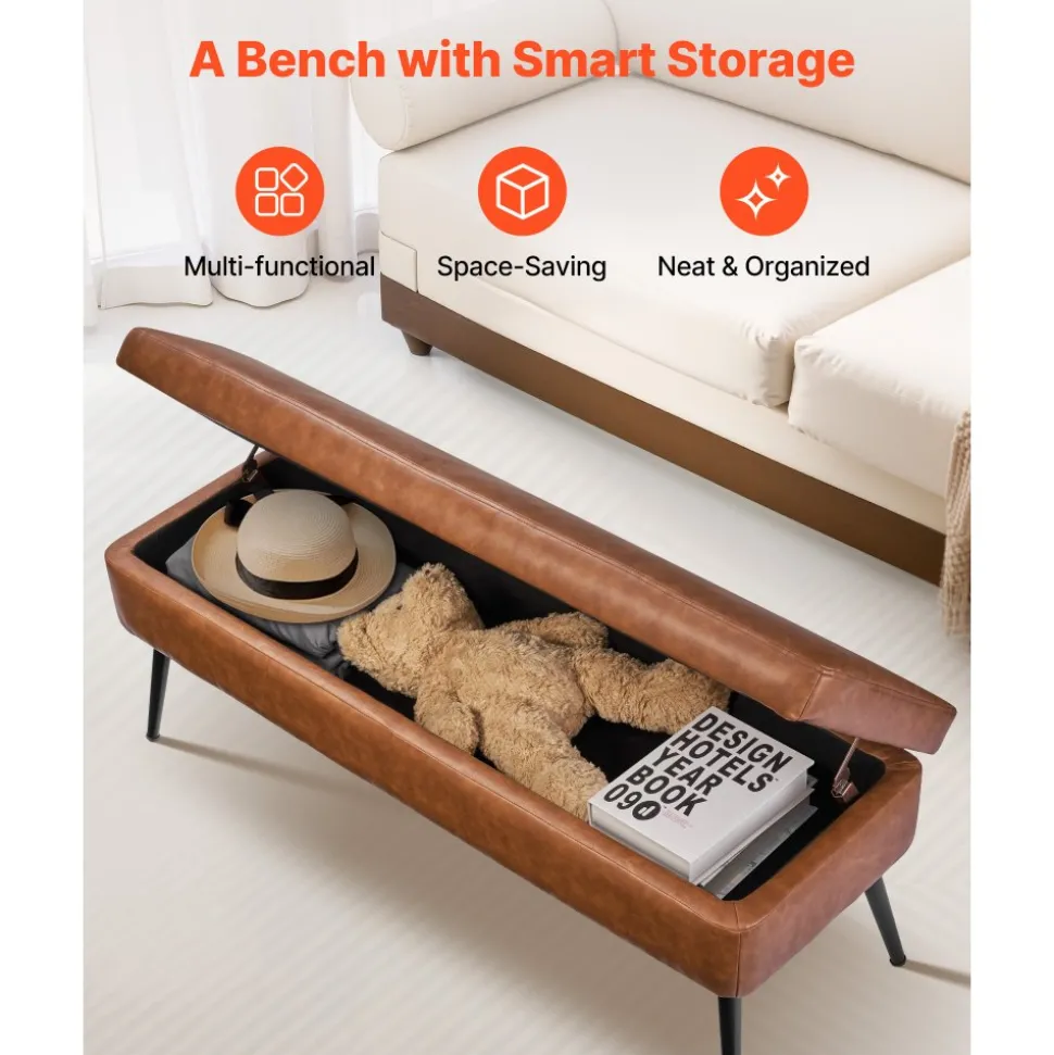VEVOR Leather Storage Ottoman Bench, PU Leather Bench with Storage and Metal Legs, Upholstered Shoe Benches Seat for Entryway, Modern End of Bed Benches for Living Room, Dining Room, Hallway, Brown