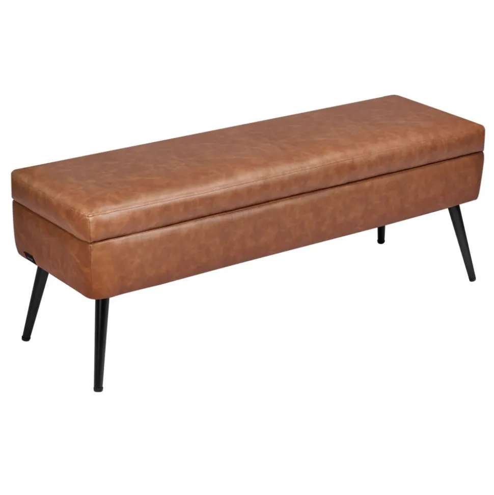 VEVOR Leather Storage Ottoman Bench, PU Leather Bench with Storage and Metal Legs, Upholstered Shoe Benches Seat for Entryway, Modern End of Bed Benches for Living Room, Dining Room, Hallway, Brown