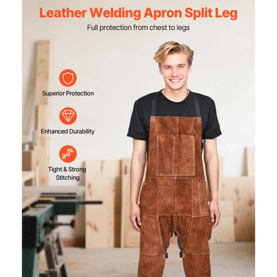 VEVOR Leather Welding Apron Split Leg, Heavy Duty Cowhide Flame Resistant Welding Pants for Men Women, Heat-Resistant Safety Apron with 3 Pockets for Woodworking, Gardening, Blacksmithing, XL-Size