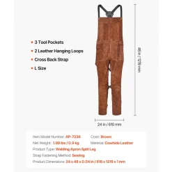 VEVOR Leather Welding Apron Split Leg, Heavy Duty Cowhide Flame Resistant Welding Pants for Men Women, Heat-Resistant Safety Apron with 3 Pockets for Woodworking, Gardening, Blacksmithing, L-Size