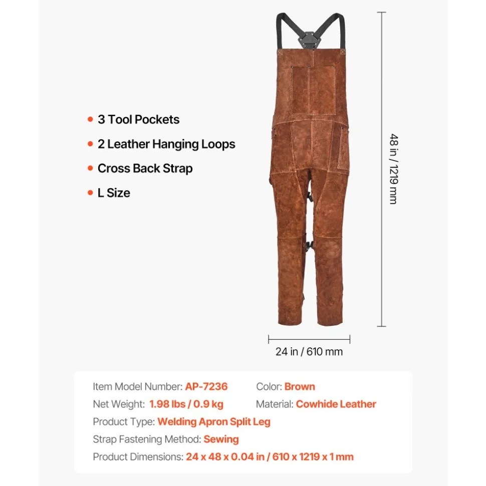 VEVOR Leather Welding Apron Split Leg, Heavy Duty Cowhide Flame Resistant Welding Pants for Men Women, Heat-Resistant Safety Apron with 3 Pockets for Woodworking, Gardening, Blacksmithing, L-Size