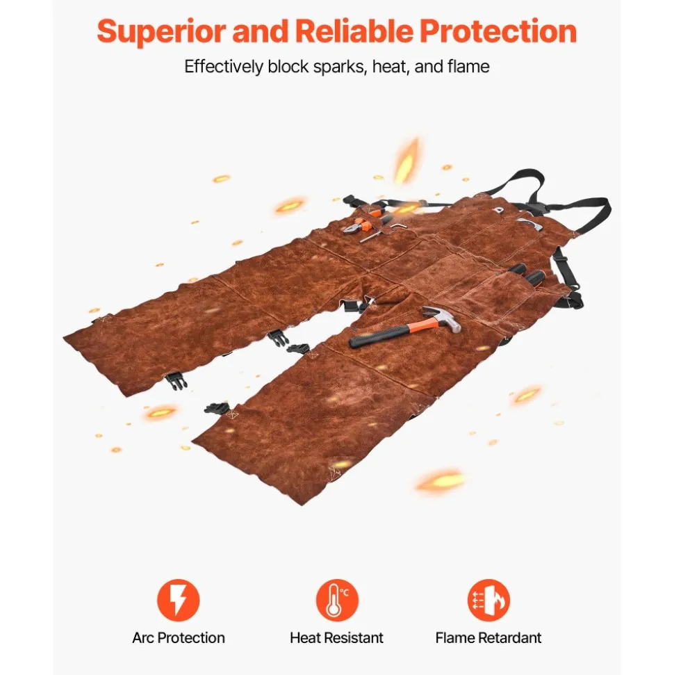 VEVOR Leather Welding Apron Split Leg, Heavy Duty Cowhide Flame Resistant Welding Pants for Men Women, Heat-Resistant Safety Apron with 3 Pockets for Woodworking, Gardening, Blacksmithing, L-Size