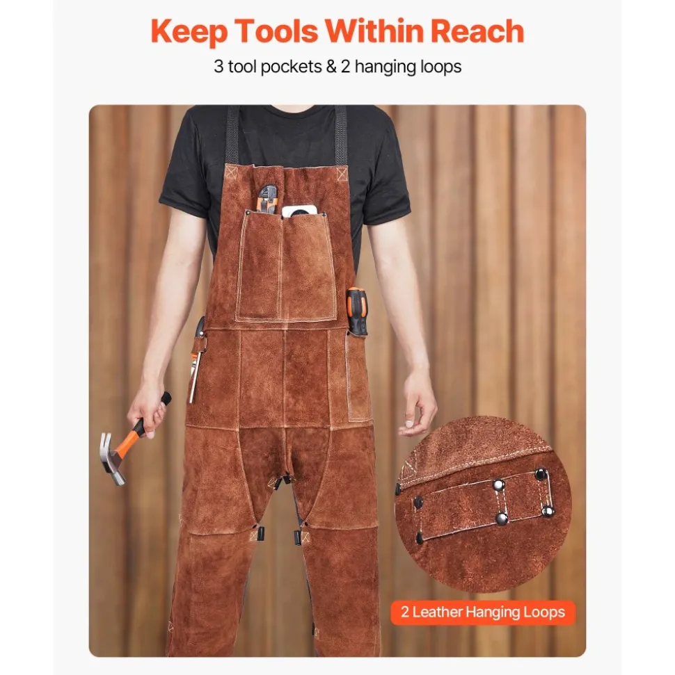 VEVOR Leather Welding Apron Split Leg, Heavy Duty Cowhide Flame Resistant Welding Pants for Men Women, Heat-Resistant Safety Apron with 3 Pockets for Woodworking, Gardening, Blacksmithing, L-Size