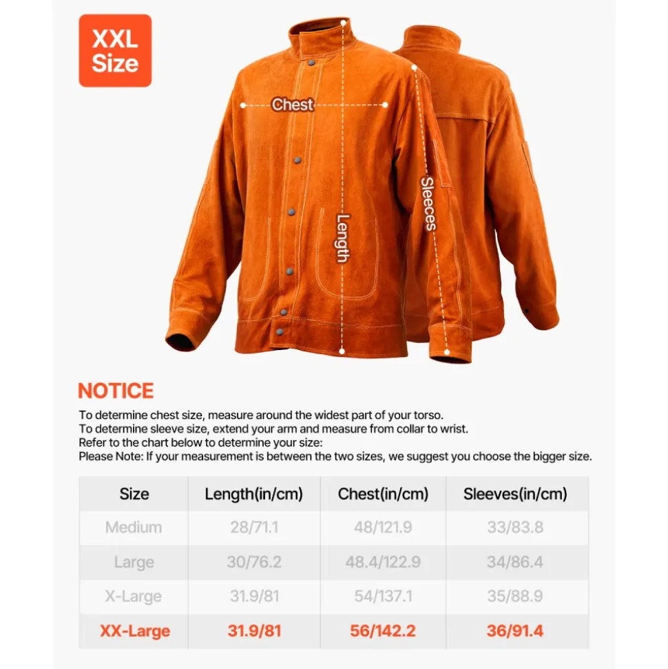 VEVOR Leather Welding Jacket, Heavy Duty Cowhide Flame Resistant Welding Coat, Waterproof Heat-Resistant Safety Jacket with 4 Pockets & Adjustable Cuffs for Welders Steelworks - XXL Size