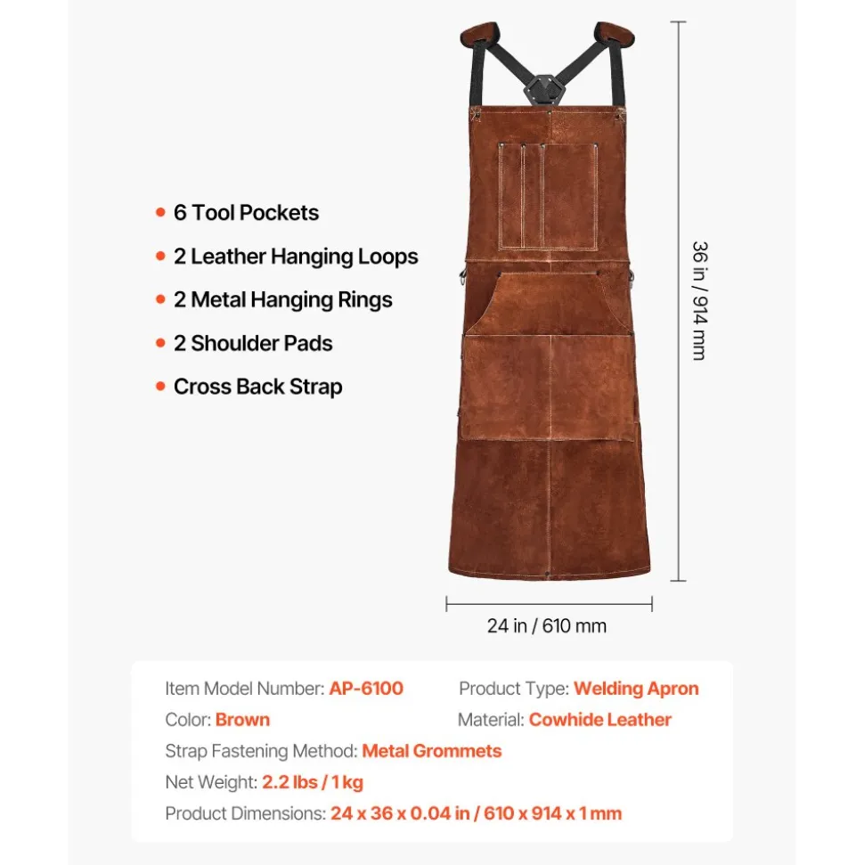 VEVOR Leather Welding Work Apron, Heavy Duty Cowhide Flame Resistant Welding Apron, Heat-Resistant Blacksmith Welder Aprons with 6 Tool Pockets for Woodworking, Gardening, BBQ