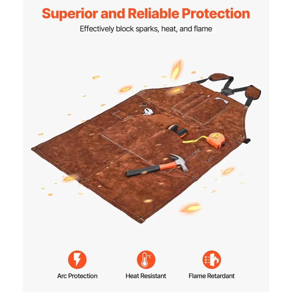 VEVOR Leather Welding Work Apron, Heavy Duty Cowhide Flame Resistant Welding Apron, Heat-Resistant Blacksmith Welder Aprons with 6 Tool Pockets for Woodworking, Gardening, BBQ