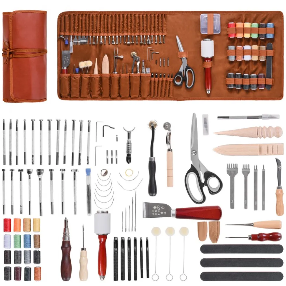 VEVOR Leather Working Tools Kit, 92 PCS Leather Craft Tools with Portable Leather Storage Bag, Engraving Punching Sewing Stamping Sanding Tools, Ideal for Beginners DIY Enthusiasts and Professionals