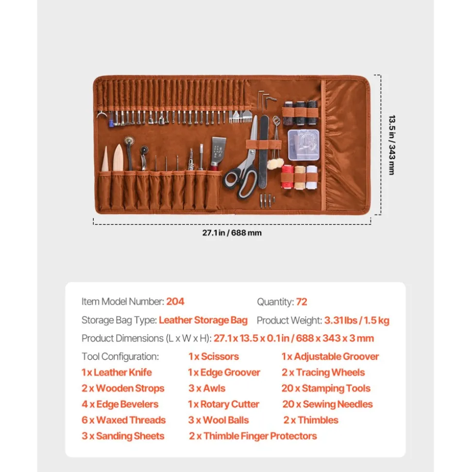 VEVOR Leather Working Tools Kit, 72 PCS Leather Craft Tools with Portable Leather Storage Bag, Engraving Punching Sewing Stamping Sanding Tools, Ideal for Beginners DIY Enthusiasts and Professionals
