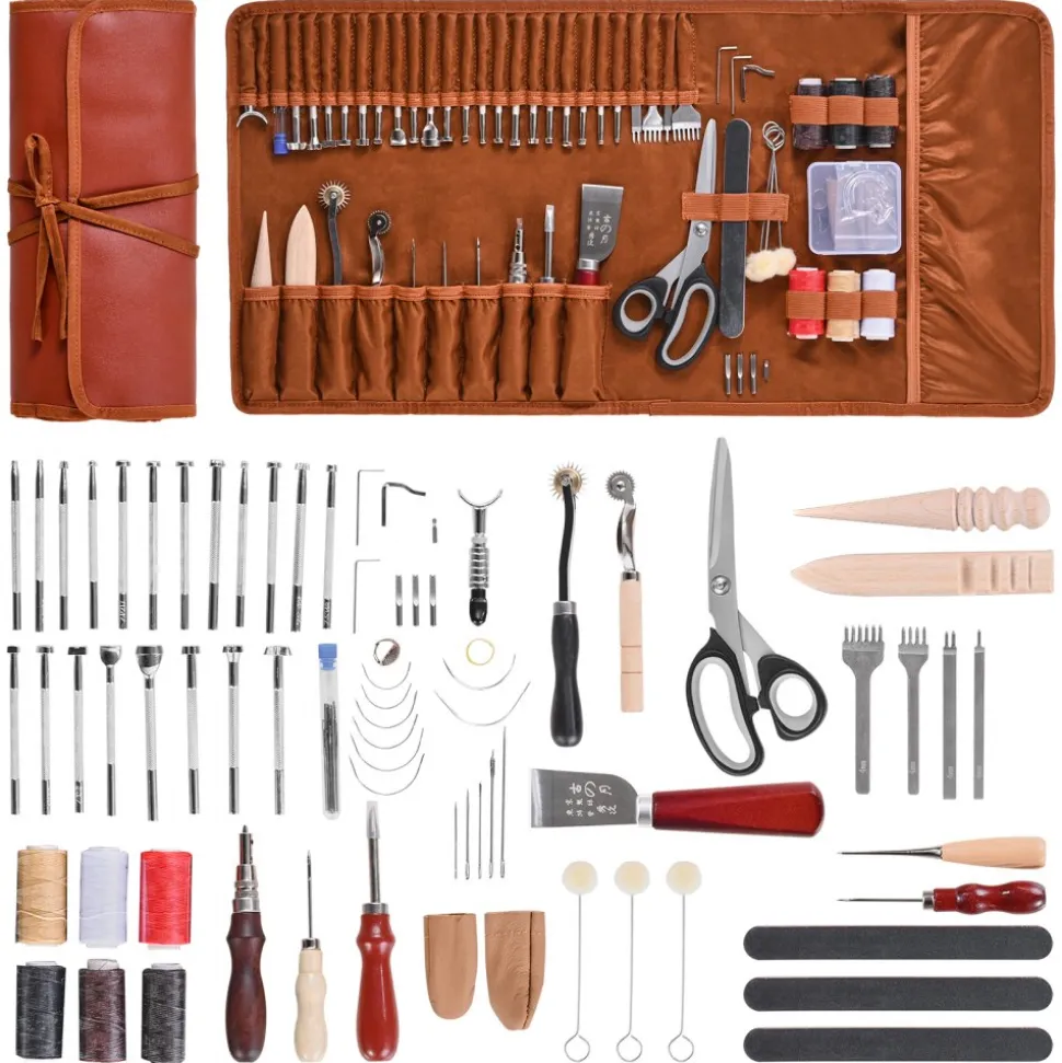 VEVOR Leather Working Tools Kit, 72 PCS Leather Craft Tools with Portable Leather Storage Bag, Engraving Punching Sewing Stamping Sanding Tools, Ideal for Beginners DIY Enthusiasts and Professionals