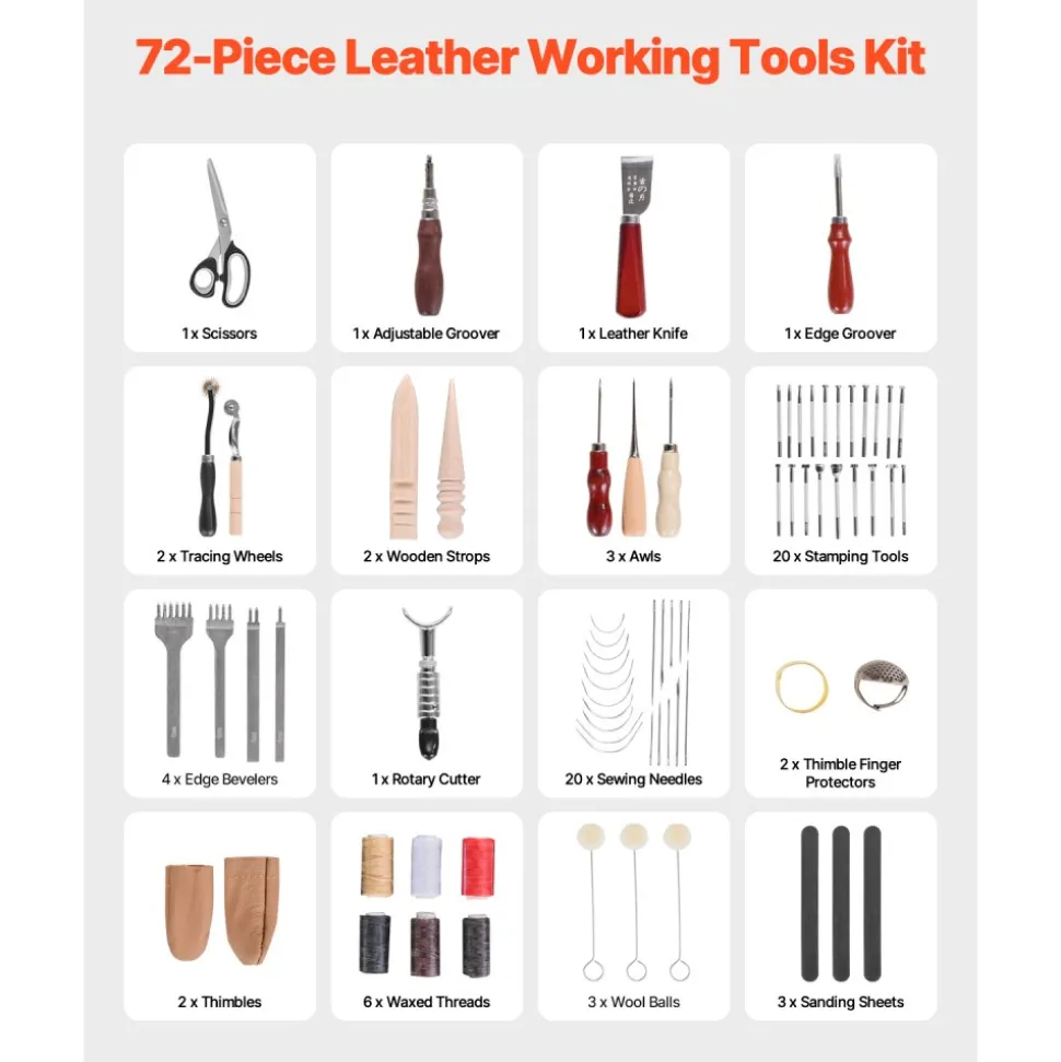 VEVOR Leather Working Tools Kit, 72 PCS Leather Craft Tools with Portable Leather Storage Bag, Engraving Punching Sewing Stamping Sanding Tools, Ideal for Beginners DIY Enthusiasts and Professionals
