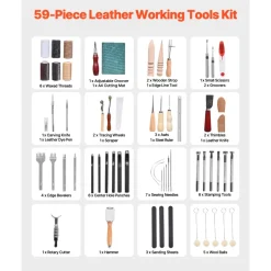 VEVOR Leather Working Tools Kit, 59 PCS Leather Craft Tools with Portable Canvas Storage Bag, Engraving Punching Sewing Stamping Sanding Tools, Ideal for Beginners DIY Enthusiasts and Professionals