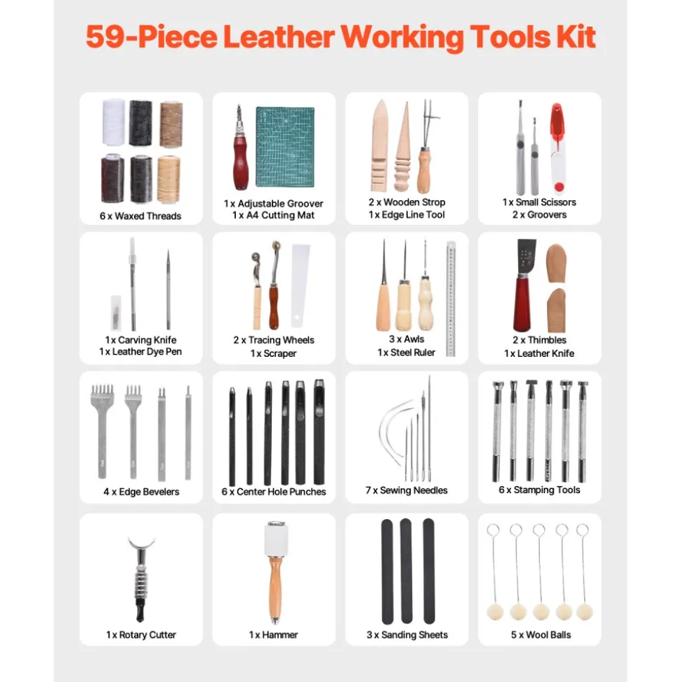 VEVOR Leather Working Tools Kit, 59 PCS Leather Craft Tools with Portable Canvas Storage Bag, Engraving Punching Sewing Stamping Sanding Tools, Ideal for Beginners DIY Enthusiasts and Professionals