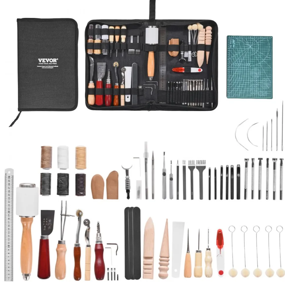 VEVOR Leather Working Tools Kit, 59 PCS Leather Craft Tools with Portable Canvas Storage Bag, Engraving Punching Sewing Stamping Sanding Tools, Ideal for Beginners DIY Enthusiasts and Professionals
