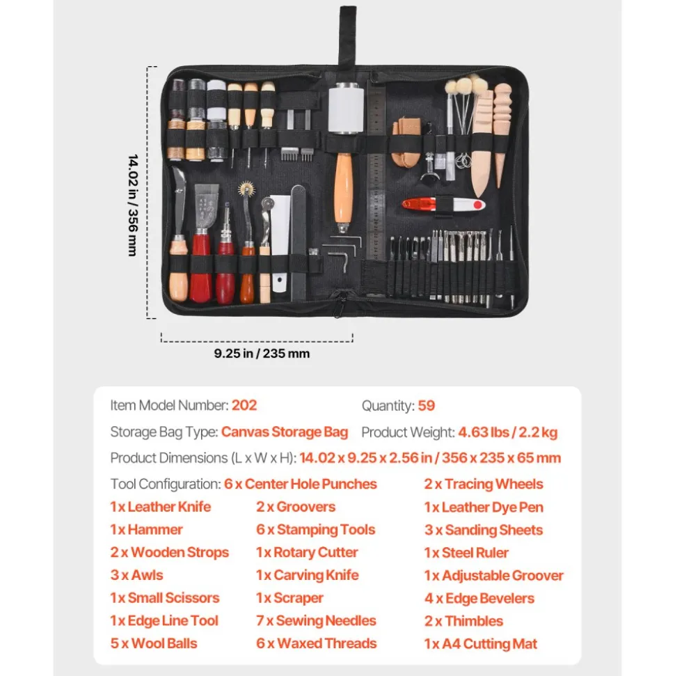 VEVOR Leather Working Tools Kit, 59 PCS Leather Craft Tools with Portable Canvas Storage Bag, Engraving Punching Sewing Stamping Sanding Tools, Ideal for Beginners DIY Enthusiasts and Professionals