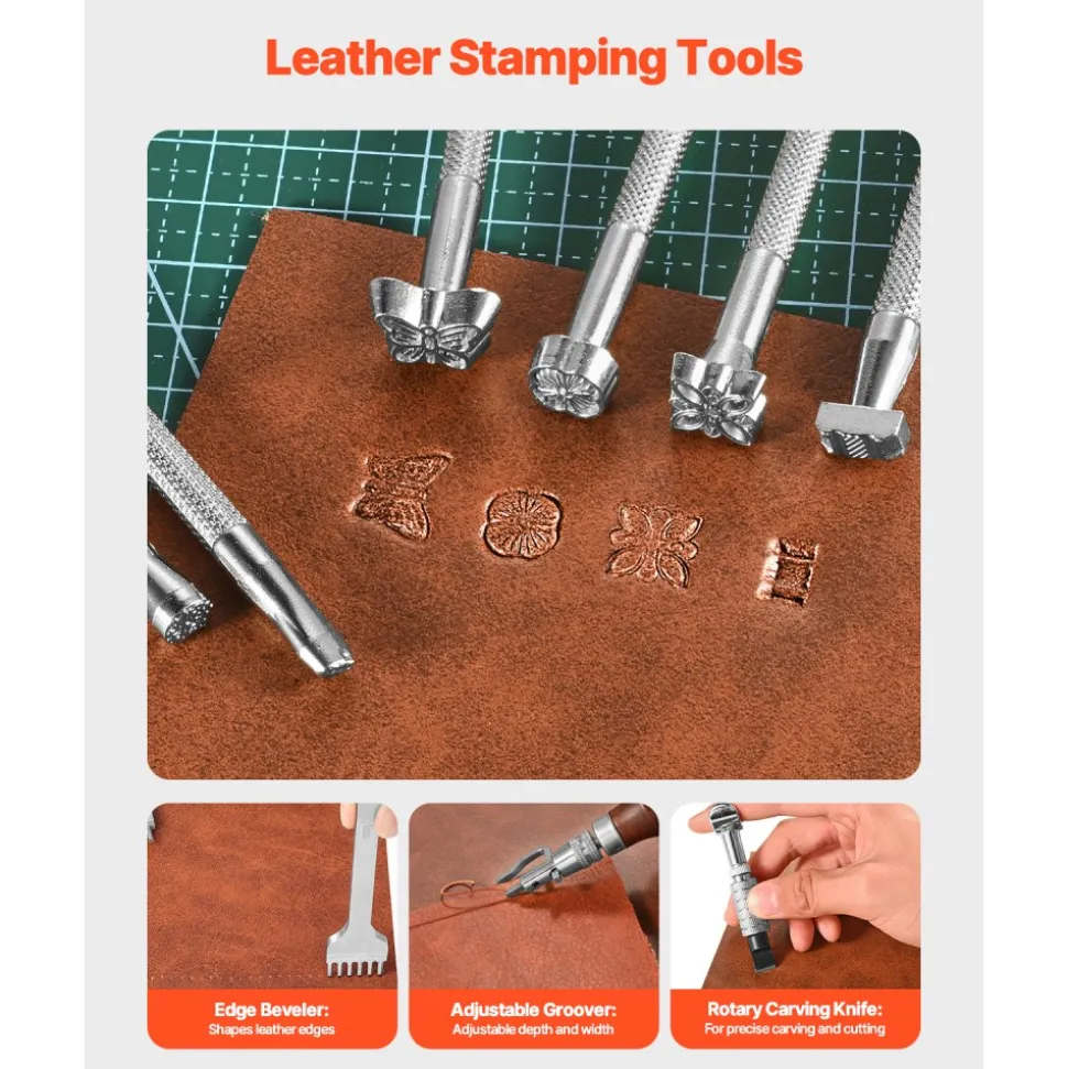 VEVOR Leather Working Tools Kit, 59 PCS Leather Craft Tools with Portable Canvas Storage Bag, Engraving Punching Sewing Stamping Sanding Tools, Ideal for Beginners DIY Enthusiasts and Professionals
