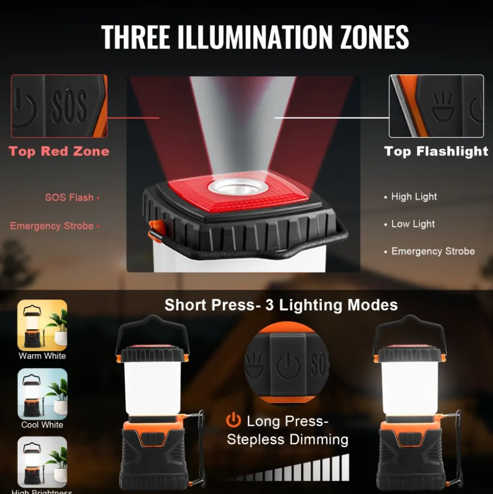 VEVOR LED Camping Lantern, All-in-one, 1000LM, 360° Illumination, 4 Lighting Modes, Battery Powered Light, Outdoor Robust Flashlight, Built to Last Light, Ideal for Hiking Fishing Outages Repairs