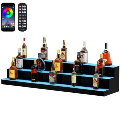 VEVOR LED Lighted Liquor Bottle Display, 3 Tiers 30 inches, Acrylic Illuminated Home Bar Shelf Display with RF Remote & App Control, DIY Setup with Type-C Cables, 9 Static Colors, for 21-30 Bottles