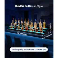 VEVOR LED Lighted Liquor Bottle Display, 3-Tier 70 Inch, Illuminated Home Bar Shelf with RF Remote & App Control, 7 Static Colors, Acrylic Lighted Whiskey Shelf for 52 Bottles, Powered by Adapter Only