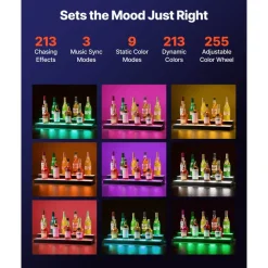 VEVOR LED Lighted Liquor Bottle Display, 2 Tiers 16 Inch Commercial Illuminated Home Bar Shelf, 2 Steps Whiskey Rack Stand, Acrylic Drink Shelves with RF Remote & App Control, and Multicolor lighting