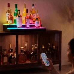 VEVOR LED Lighted Liquor Bottle Display, 2 Tiers 30 inches, Supports USB, Acrylic Illuminated Home Bar Shelf Display with RF Remote & App Control, 9 Static Colors, Timing Mode, for 14-20 Bottles