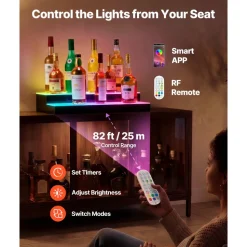 VEVOR LED Lighted Liquor Bottle Display, 2 Tiers 30 inches, Supports USB, Acrylic Illuminated Home Bar Shelf Display with RF Remote & App Control, 9 Static Colors, Timing Mode, for 14-20 Bottles