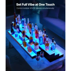 VEVOR LED Lighted Liquor Bottle Display, 2-Tier 16 Inch Whiskey Rack, Supports USB, Illuminated Home Bar Shelf with RF Remote & App Control, 7 Static Colors, Acrylic+ Wood Lighted Shelf for 8 Bottles