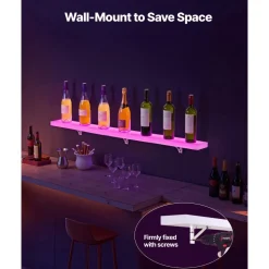 VEVOR LED Lighted Liquor Bottle Display, 2-Tier 16 Inch Whiskey Rack, Supports USB, Illuminated Home Bar Shelf with RF Remote & App Control, 7 Static Colors, Acrylic+ Wood Lighted Shelf for 8 Bottles