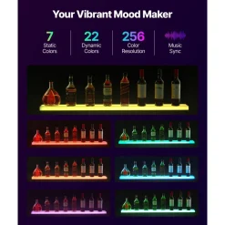 VEVOR LED Lighted Liquor Bottle Display, 2-Tier 16 Inch Whiskey Rack, Supports USB, Illuminated Home Bar Shelf with RF Remote & App Control, 7 Static Colors, Acrylic+ Wood Lighted Shelf for 8 Bottles