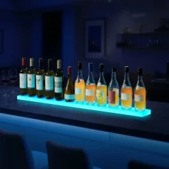 VEVOR LED Lighted Liquor Bottle Display, 2-Tier 16 Inch Whiskey Rack, Supports USB, Illuminated Home Bar Shelf with RF Remote & App Control, 7 Static Colors, Acrylic+ Wood Lighted Shelf for 8 Bottles