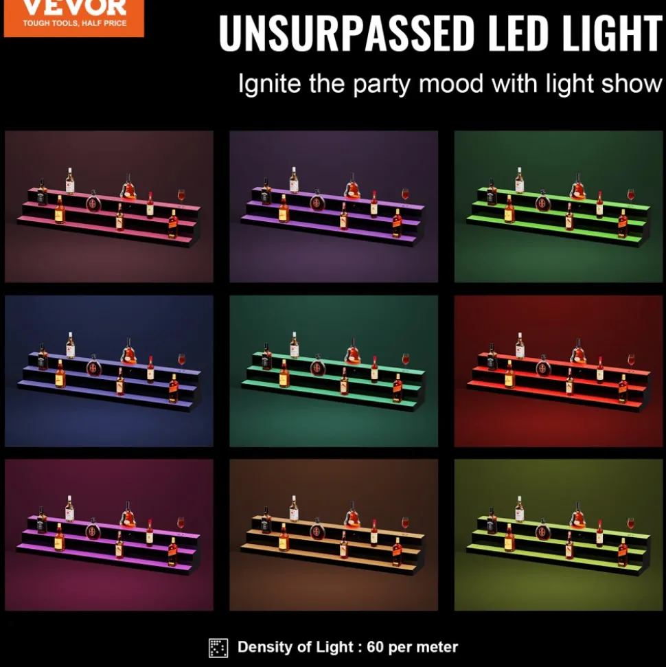 VEVOR LED Lighted Liquor Bottle Display, 3 Tiers 60 Inch Commercial Illuminated Home Bar Shelf, 3 Steps Whiskey Rack Stand, Acrylic Drink Shelves with RF Remote & App Control, and Multicolor lighting