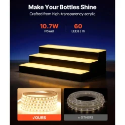 VEVOR LED Lighted Liquor Bottle Display, 3 Tiers 20 Inches Whiskey Rack, Supports USB, Illuminated Home Bar Shelf with RF Remote & App Control, 9 Static Colors, Acrylic Lighted Shelf for 15 Bottles