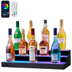 VEVOR LED Lighted Liquor Bottle Display, 3 Tiers 20 Inches Whiskey Rack, Supports USB, Illuminated Home Bar Shelf with RF Remote & App Control, 9 Static Colors, Acrylic Lighted Shelf for 15 Bottles