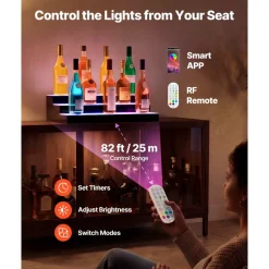 VEVOR LED Lighted Liquor Bottle Display, 3 Tiers 24 inches, Supports USB, Acrylic Illuminated Home Bar Shelf Display with RF Remote & App Control, 9 Static Colors, Timing Mode, for 18-24 Bottles