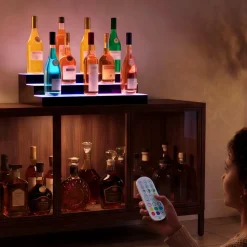 VEVOR LED Lighted Liquor Bottle Display, 3 Tiers 24 inches, Supports USB, Acrylic Illuminated Home Bar Shelf Display with RF Remote & App Control, 9 Static Colors, Timing Mode, for 18-24 Bottles