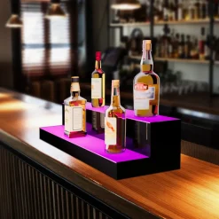 VEVOR LED Lighted Liquor Bottle Display, 2 Tiers 30 Inch Commercial Illuminated Home Bar Shelf, 2 Steps Whiskey Rack Stand, Acrylic Drink Shelves with RF Remote & App Control, and Multicolor lighting