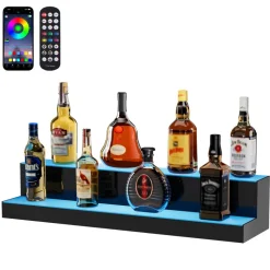 VEVOR LED Lighted Liquor Bottle Display, 2 Tiers 40 inches, Supports USB, Acrylic Illuminated Home Bar Shelf Display with RF Remote & App Control, 9 Static Colors, Timing Mode, for 20-28 Bottles
