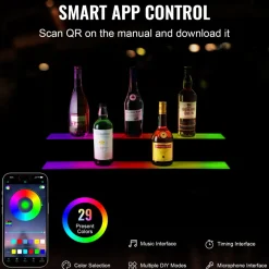 VEVOR LED Lighted Liquor Bottle Display, 2 Tiers 40 inches, Supports USB, Acrylic Illuminated Home Bar Shelf Display with RF Remote & App Control, 9 Static Colors, Timing Mode, for 20-28 Bottles