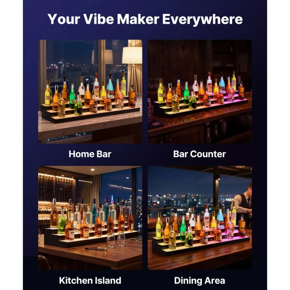 VEVOR LED Lighted Liquor Bottle Display, 3 Tiers 24 Inch Commercial Illuminated Home Bar Shelf, 3 Steps Whiskey Rack Stand, Acrylic Drink Shelves with RF Remote & App Control, and Multicolor lighting