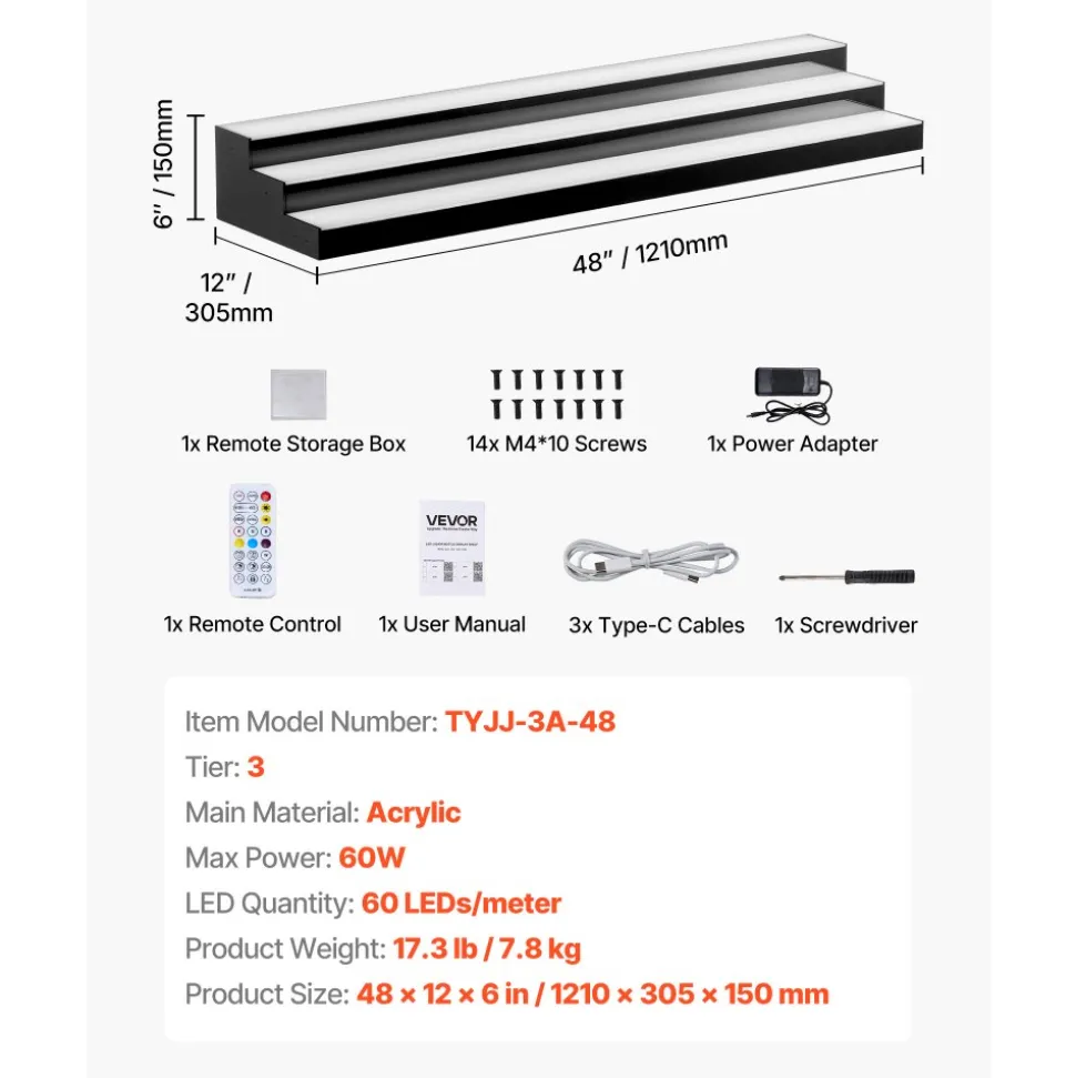 VEVOR LED Lighted Liquor Bottle Display, 3 Tiers 24 Inch Commercial Illuminated Home Bar Shelf, 3 Steps Whiskey Rack Stand, Acrylic Drink Shelves with RF Remote & App Control, and Multicolor lighting