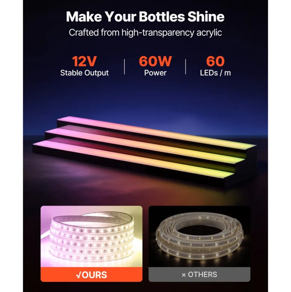 VEVOR LED Lighted Liquor Bottle Display, 3 Tiers 24 Inch Commercial Illuminated Home Bar Shelf, 3 Steps Whiskey Rack Stand, Acrylic Drink Shelves with RF Remote & App Control, and Multicolor lighting