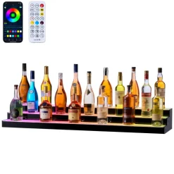 VEVOR LED Lighted Liquor Bottle Display, 3 Tiers 24 Inch Commercial Illuminated Home Bar Shelf, 3 Steps Whiskey Rack Stand, Acrylic Drink Shelves with RF Remote & App Control, and Multicolor lighting