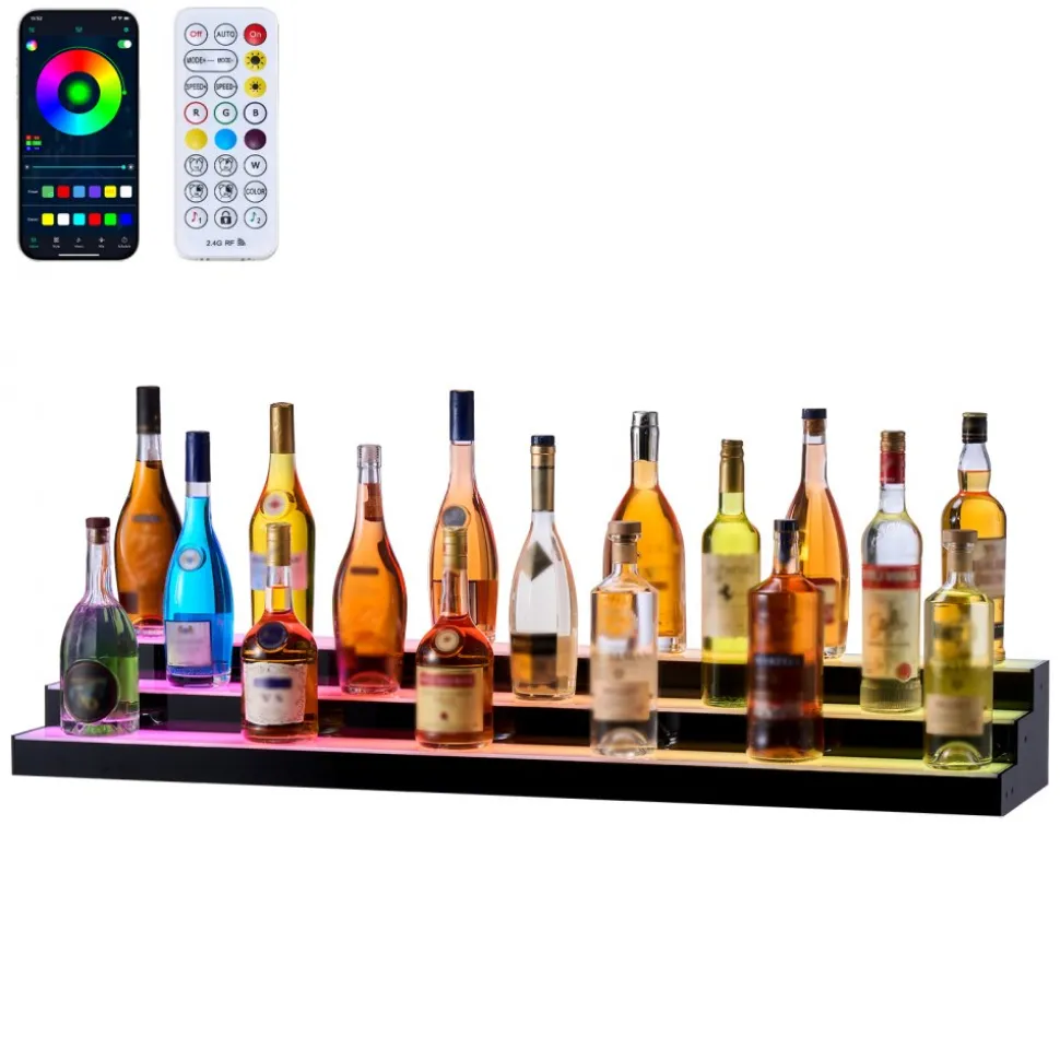 VEVOR LED Lighted Liquor Bottle Display, 3 Tiers 24 Inch Commercial Illuminated Home Bar Shelf, 3 Steps Whiskey Rack Stand, Acrylic Drink Shelves with RF Remote & App Control, and Multicolor lighting