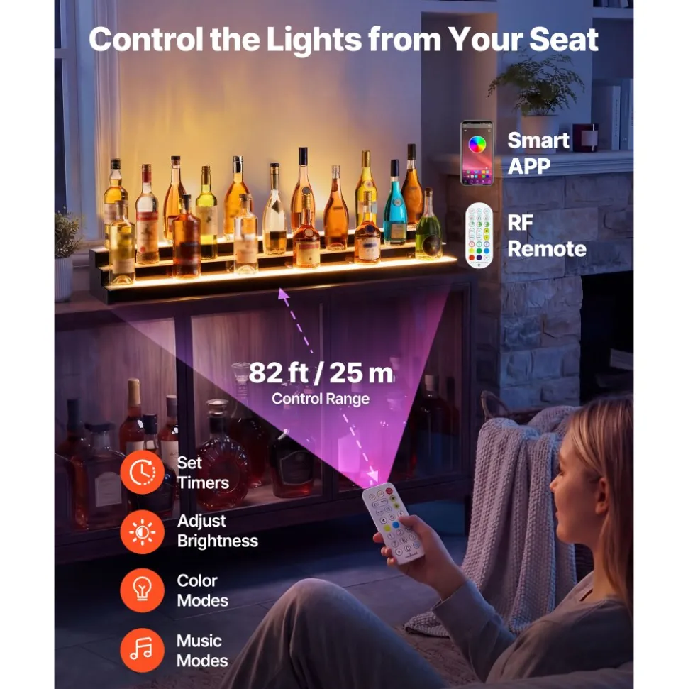 VEVOR LED Lighted Liquor Bottle Display, 3 Tiers 24 Inch Commercial Illuminated Home Bar Shelf, 3 Steps Whiskey Rack Stand, Acrylic Drink Shelves with RF Remote & App Control, and Multicolor lighting