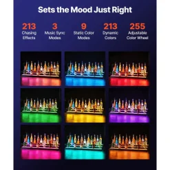 VEVOR LED Lighted Liquor Bottle Display, 3 Tiers 24 Inch Commercial Illuminated Home Bar Shelf, 3 Steps Whiskey Rack Stand, Acrylic Drink Shelves with RF Remote & App Control, and Multicolor lighting