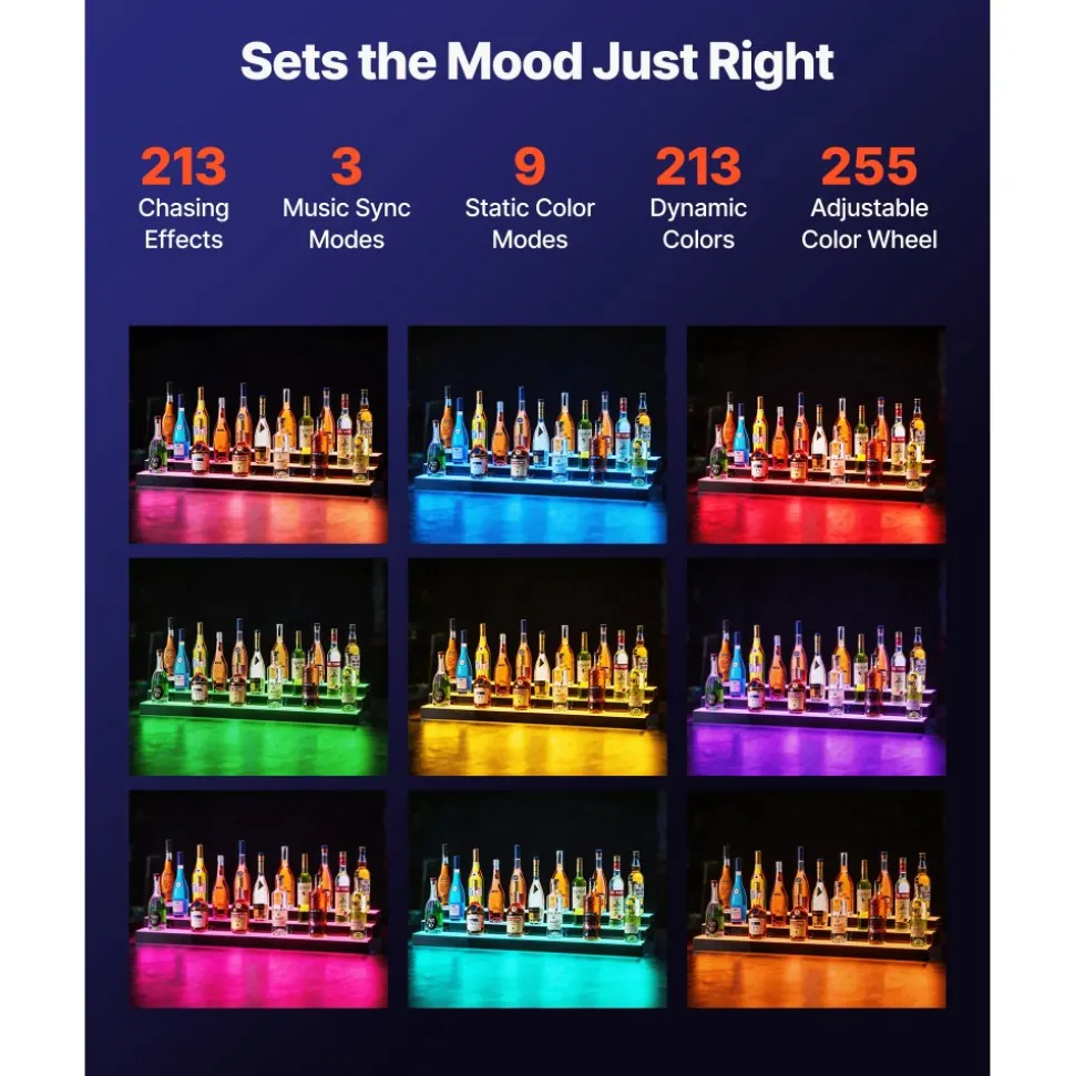 VEVOR LED Lighted Liquor Bottle Display, 3 Tiers 24 Inch Commercial Illuminated Home Bar Shelf, 3 Steps Whiskey Rack Stand, Acrylic Drink Shelves with RF Remote & App Control, and Multicolor lighting
