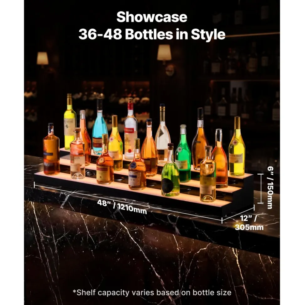 VEVOR LED Lighted Liquor Bottle Display, 3 Tiers 24 Inch Commercial Illuminated Home Bar Shelf, 3 Steps Whiskey Rack Stand, Acrylic Drink Shelves with RF Remote & App Control, and Multicolor lighting