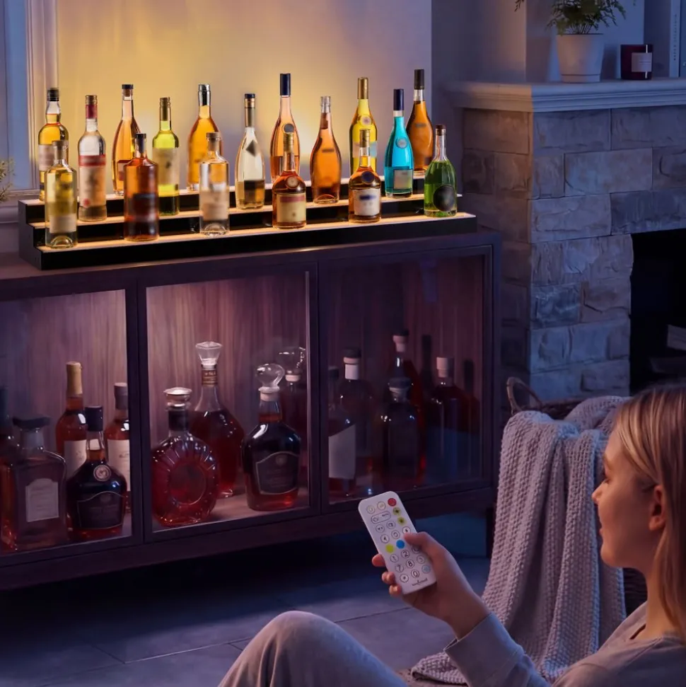 VEVOR LED Lighted Liquor Bottle Display, 3 Tiers 24 Inch Commercial Illuminated Home Bar Shelf, 3 Steps Whiskey Rack Stand, Acrylic Drink Shelves with RF Remote & App Control, and Multicolor lighting